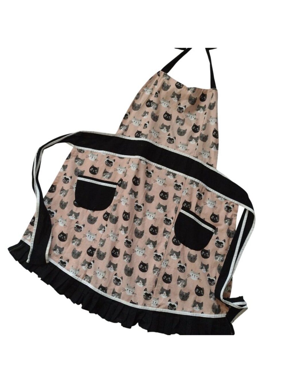 Retro Style Cat Print Apron OS Pink Black Cotton Now Designs Kitchen Linens